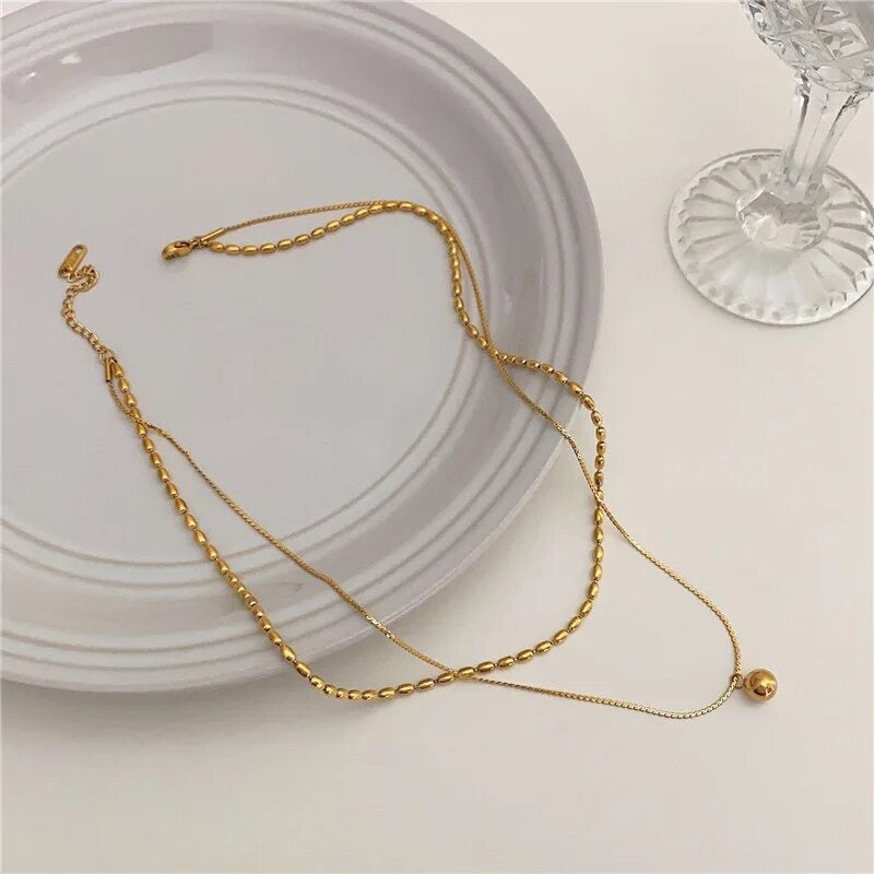 18k gold filled Double Layered Ball bead Necklace -Double Gold Chain Pendant Necklace - tendy Beaded Necklace - Minimalist Cute Necklace