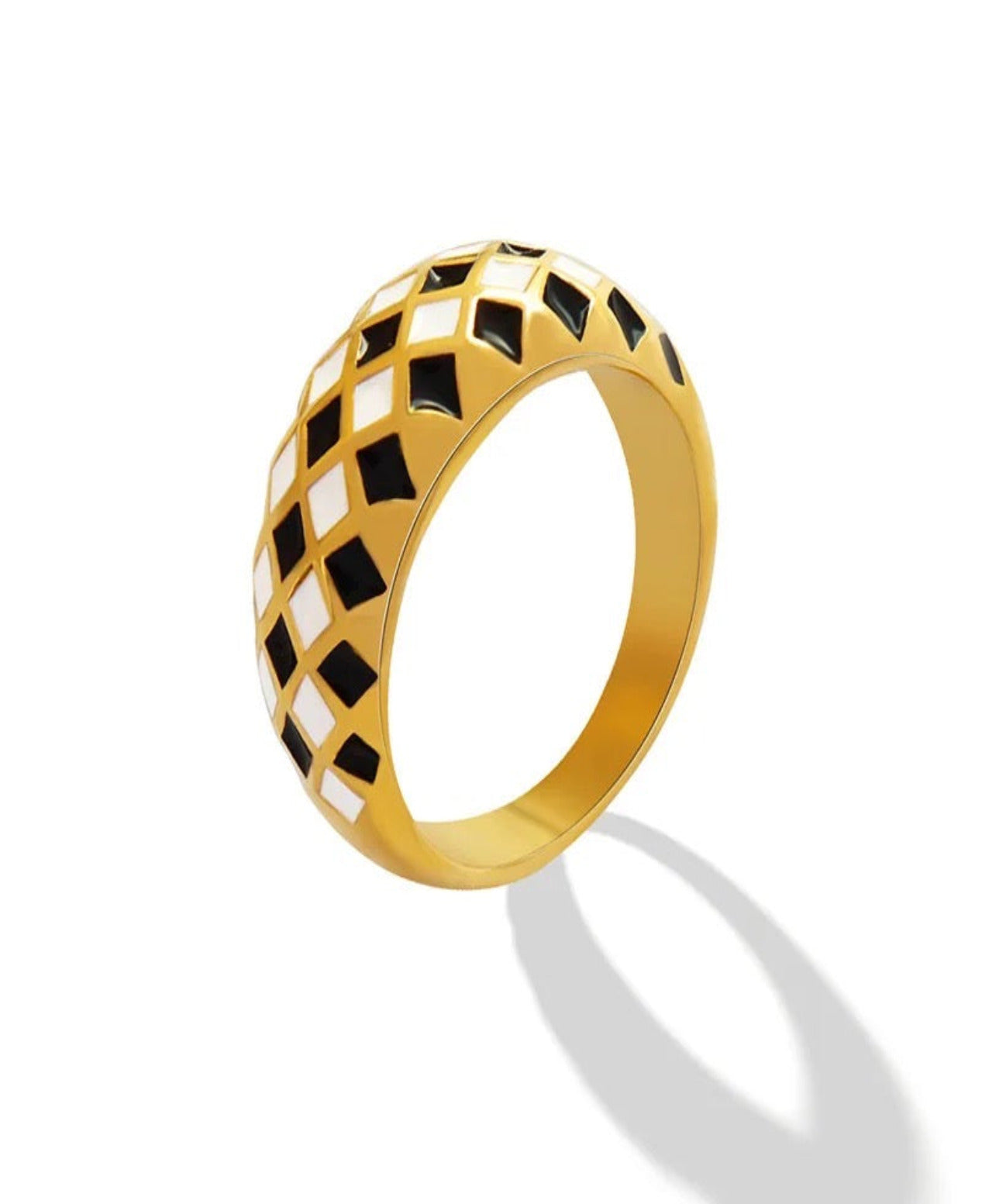 18k gold plated stainless steel checkered black and white ring • waterproof ring •her him ring