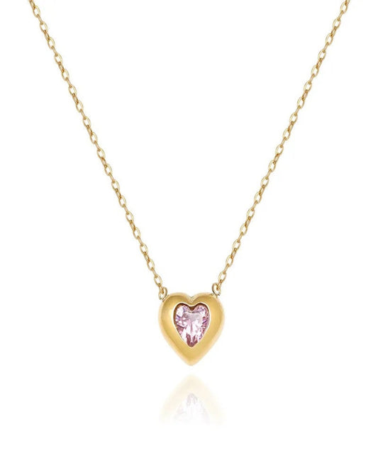 Pink Green Zircon Heart Pendant Necklace ,Minimalist Necklace, Dainty Gold Heart Necklace,