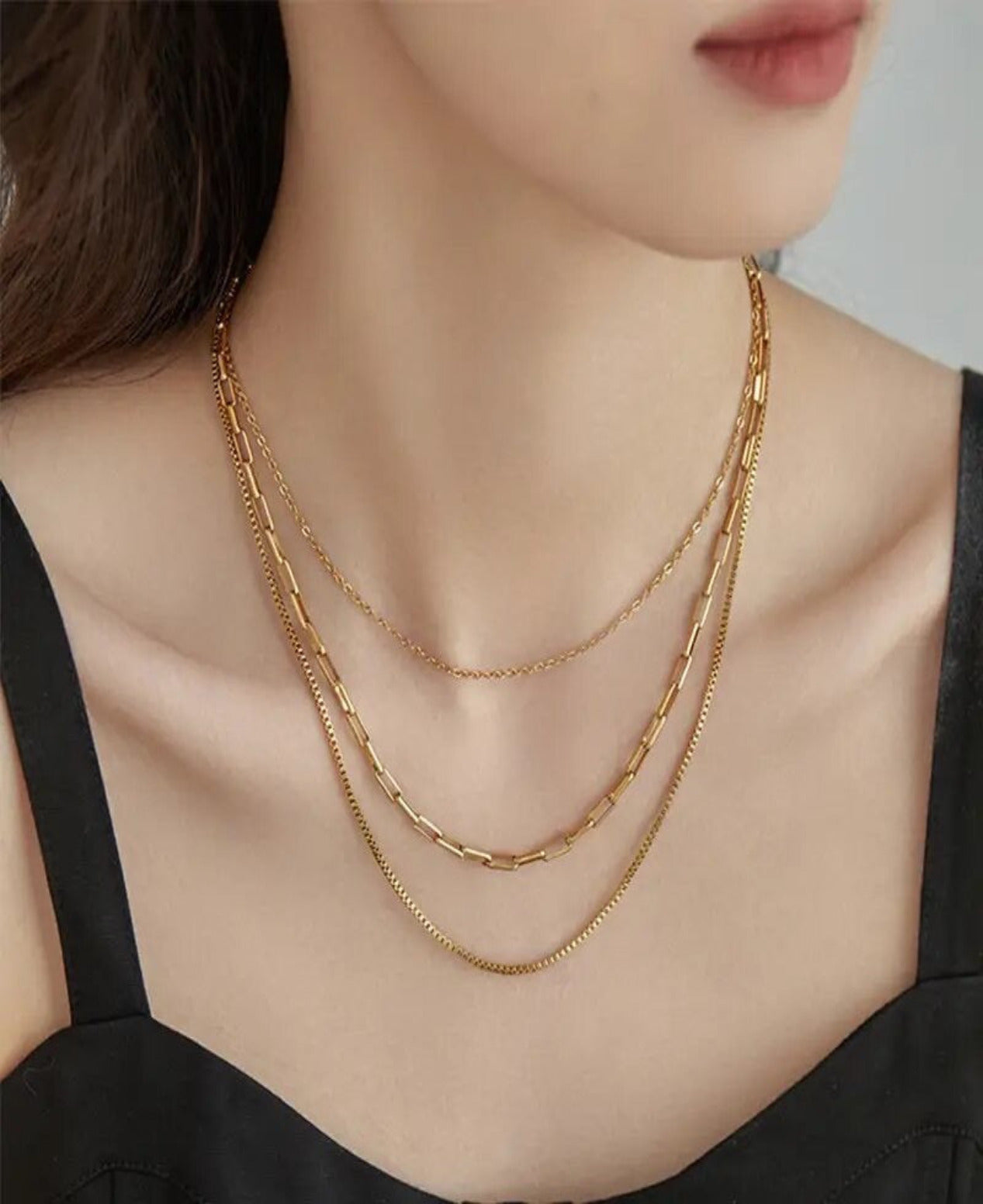 18k gold layered necklace set-Three gold chains set-Dainty triple strand choker-Bundle multi layer set-3 minimalist choker-Everyday fashion jewelry