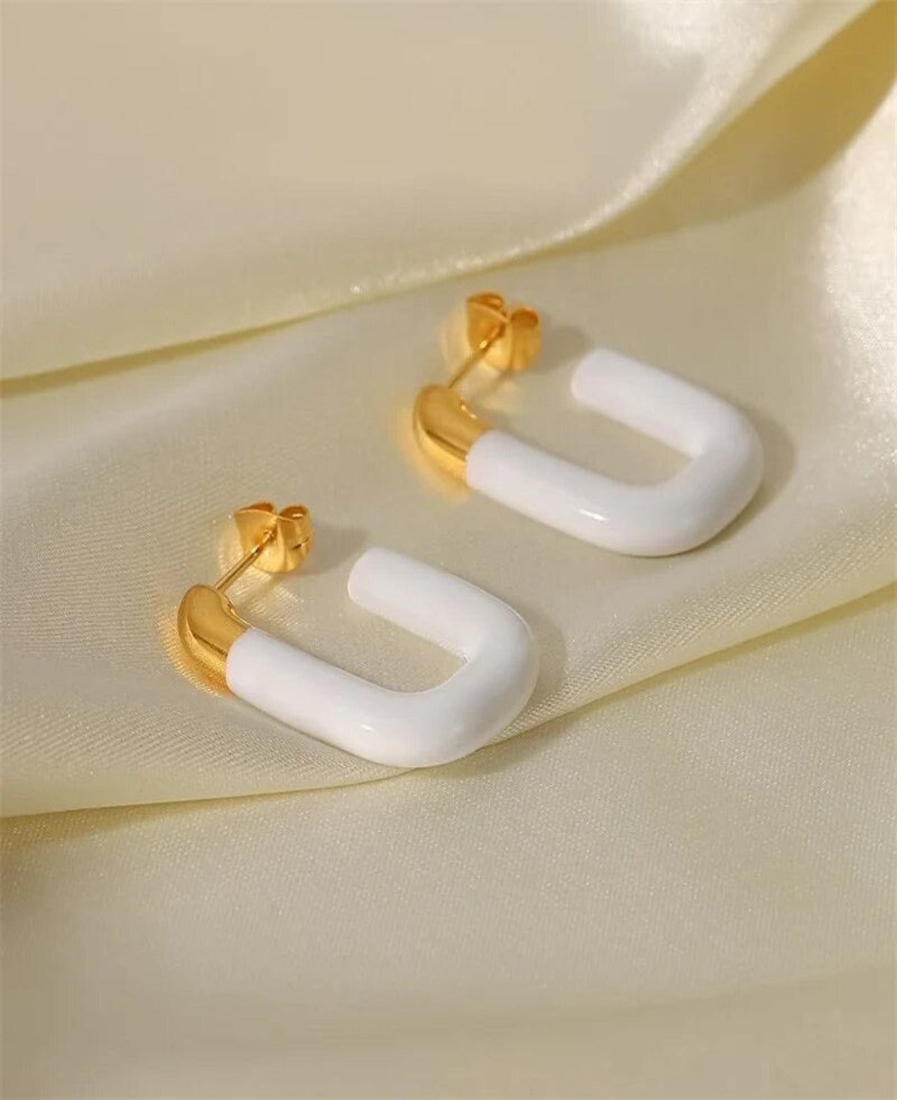 Enamel Hoop Earrings, White Enamel Rectangular Hoops, Irregular Hoops, Thick Gold Hoop Earrings, Square Hoops, Trendy Statement Hoops