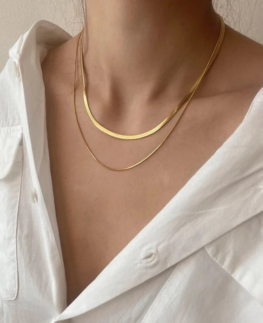 18K Gold PVD Double Layer Snake chain necklace, Double Herringbone Chain Necklace, Minimalist Jewelry, Double strand Stacking Necklaces